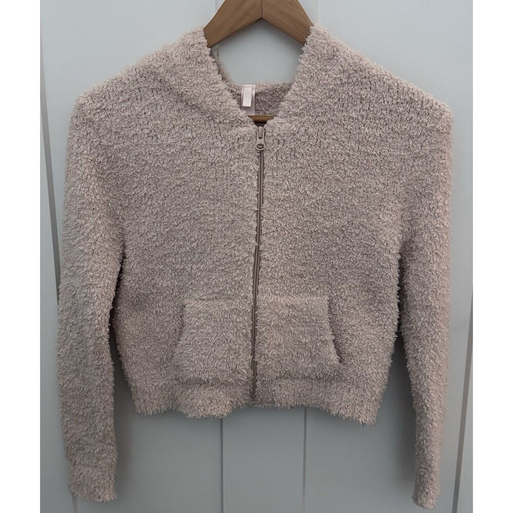 Skims Girls 12/14 Light PINK Soft Sherpa Full Zip Up Hooded Pocket Sweater